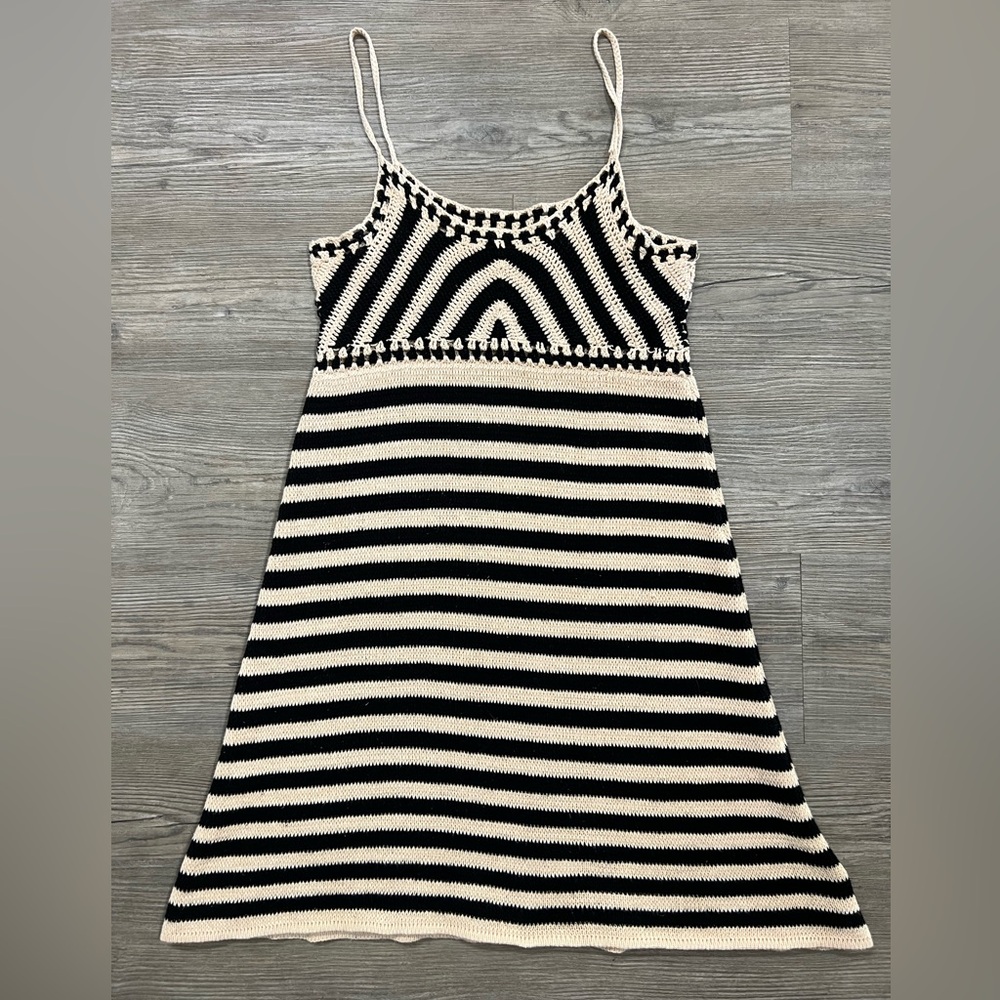Miou Muse Black and Cream Striped Knit Crochet Dress Size Medium